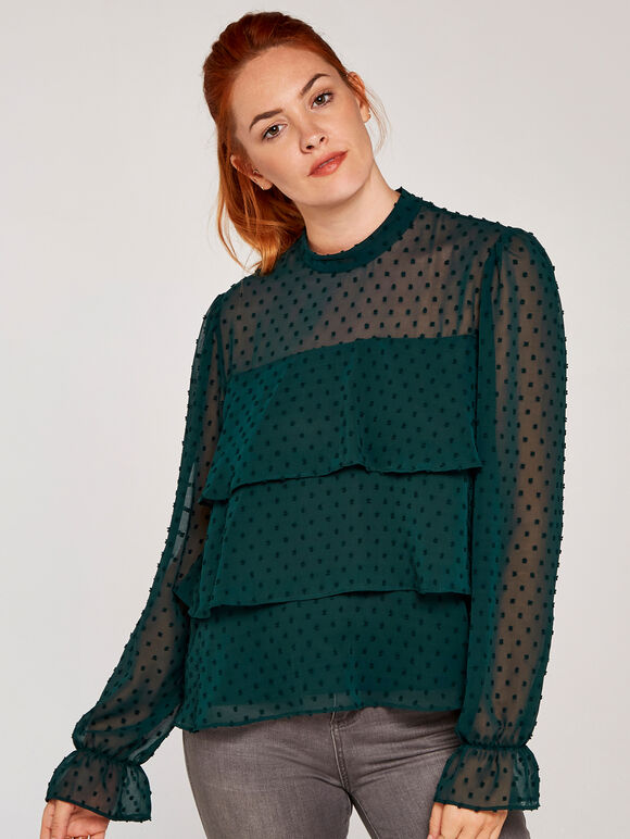 Sheer Dobby Long Sleeve Tiered Top, Green, large