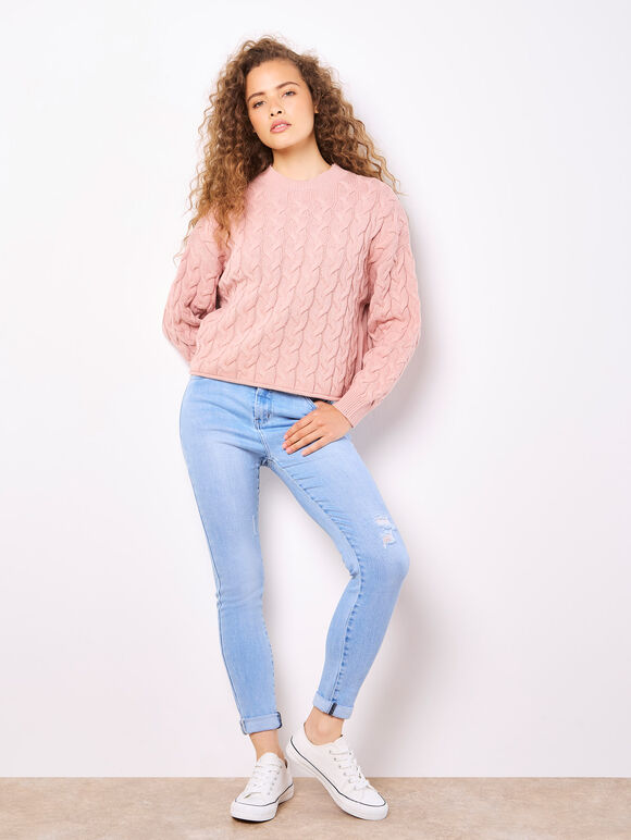 Cotton Blend Cable Knit Jumper, Pink, large