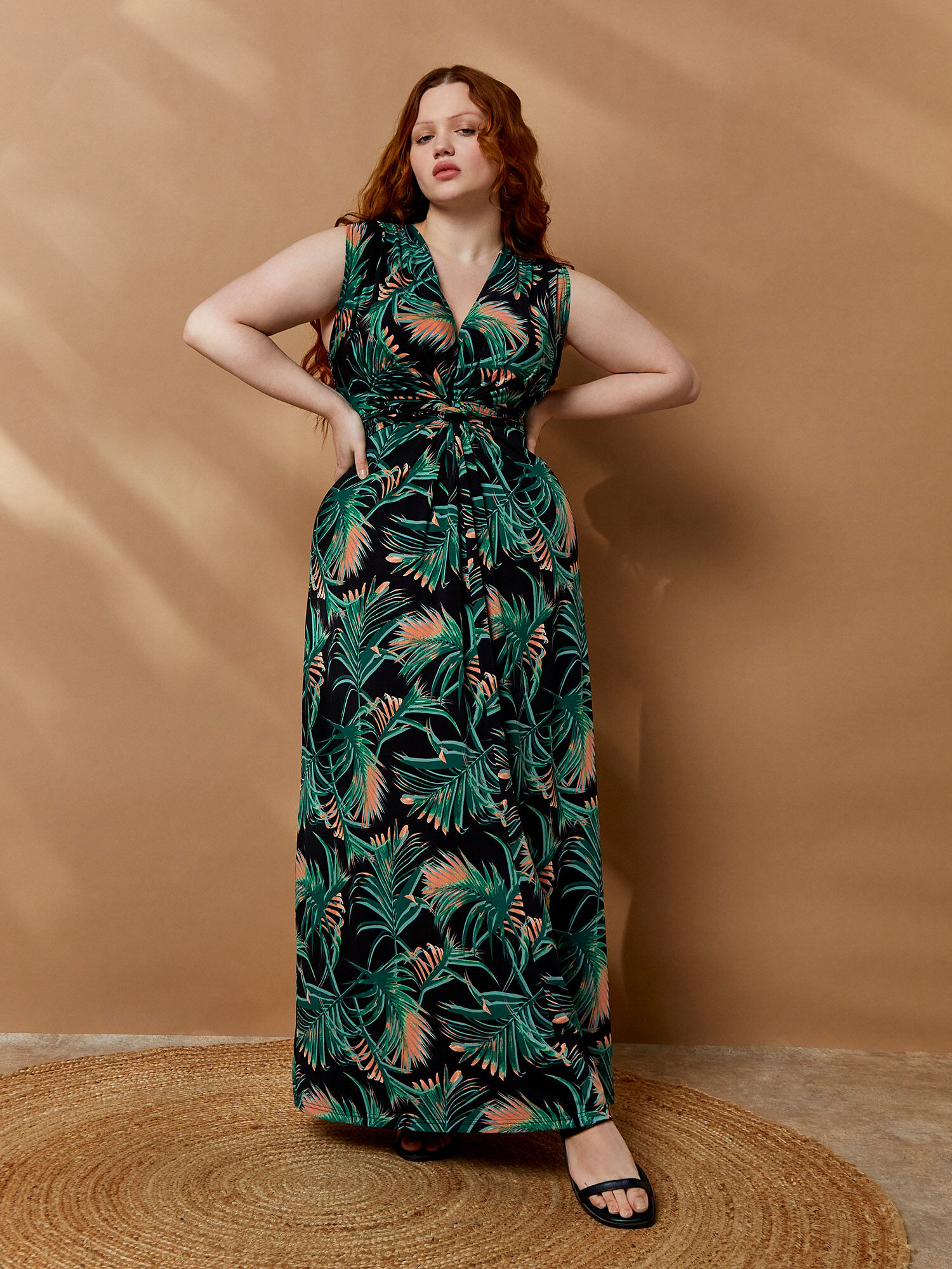 Curve Palm Leaf Maxi Dress Apricot Clothing