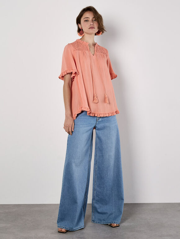 Smocked Ruffle Top, Coral, large