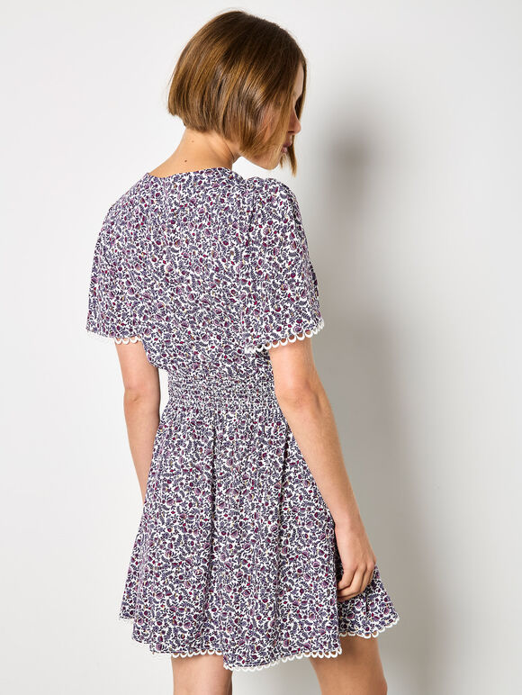 Ditsy Floral Gold Foil Mini Dress, Purple, large