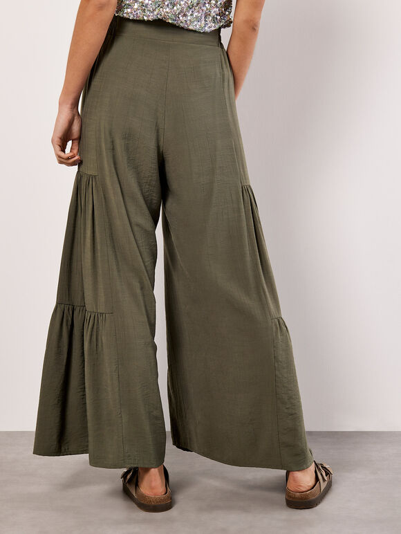 Tiered Wide-Leg Woven Trousers, Khaki, large