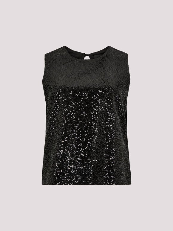 Sequin Velvet Sleeveless Top, Black, large