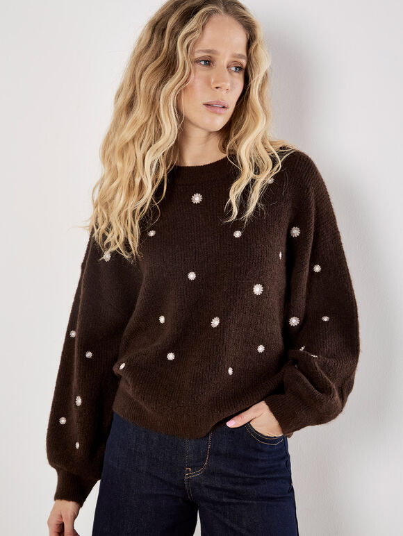 Daisy Embroidered Jumper, Brown, large