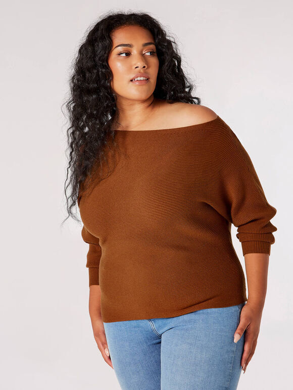 Curve Off Shoulder Ribbed Jumper, Rust, large