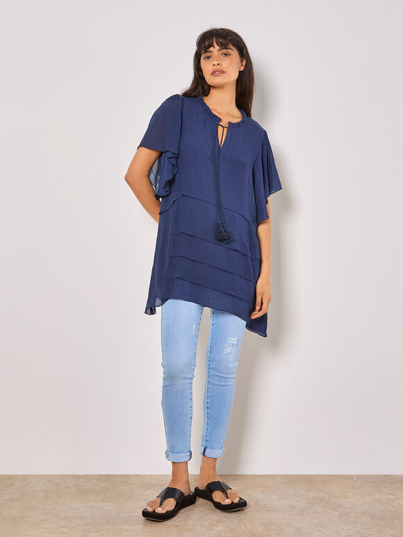 Ruffle Tiered Tunic Top, Navy, large