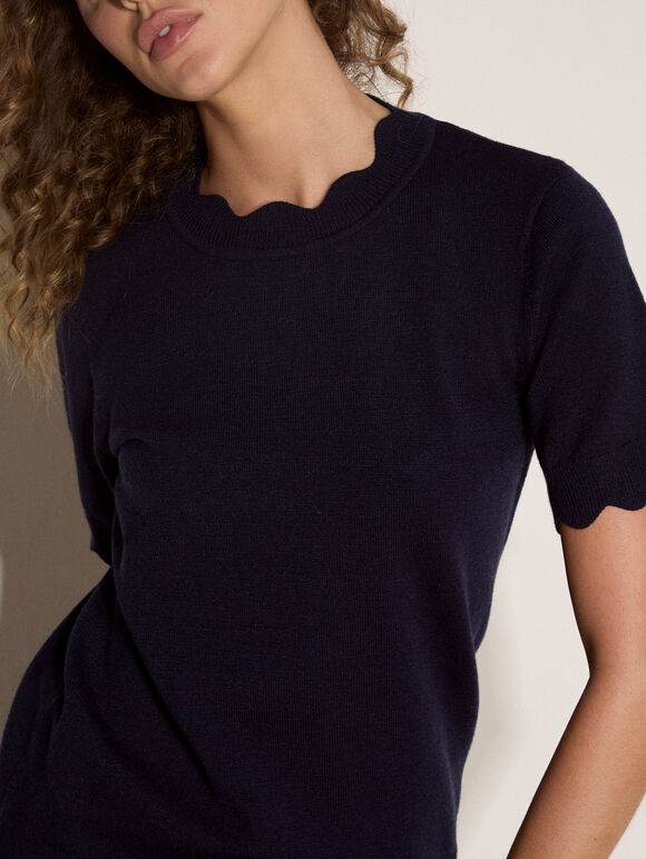 Scallop Knitted T-Shirt, Navy, large