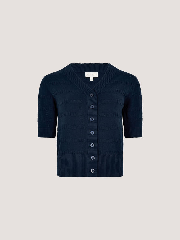 Stripe Pointelle Knit Cardigan, Navy, large