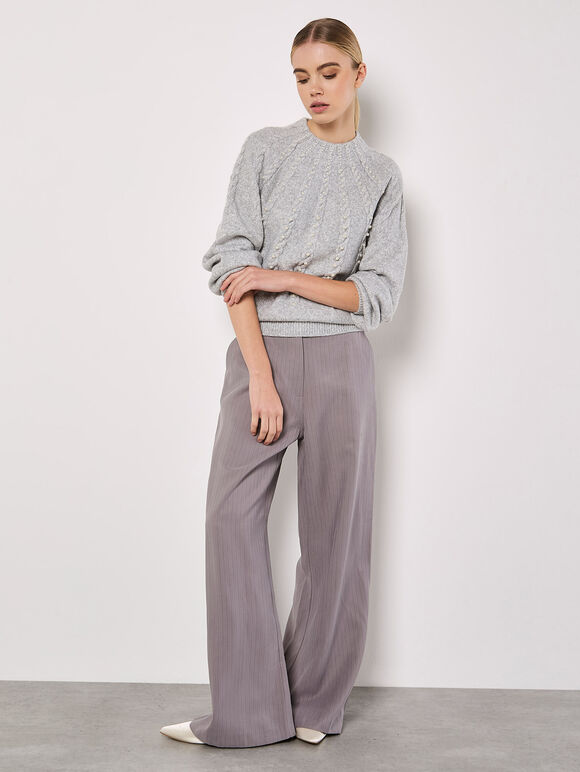 Pearl Embellished Cable Knit Jumper, Grey, large