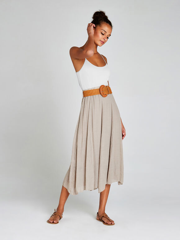 Crinkle Midi Skirt, Brown, large