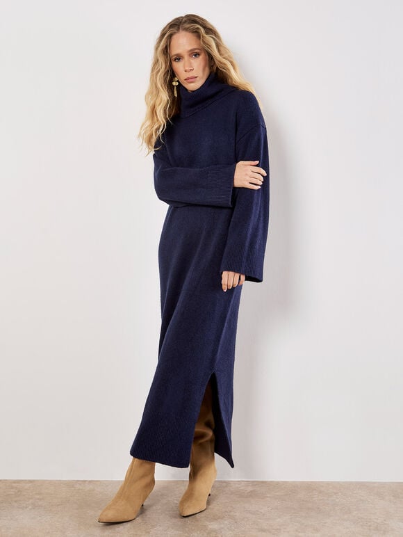 Roll Neck Jumper Maxi Dress, Navy, large