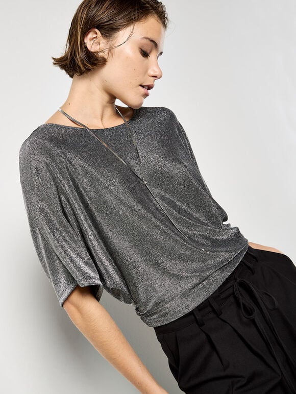 V Back Sparkle Top, Silver, large