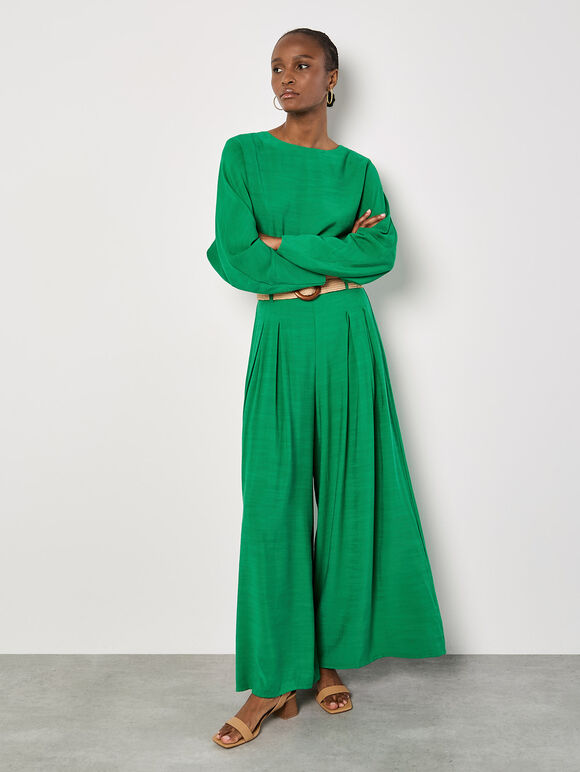 Pleated Palazzo Trousers With Belt, Green, large