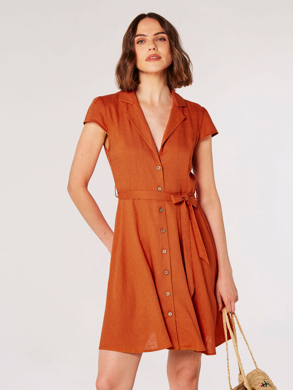 Linen Blend Shirt Mini Dress, Orange, large