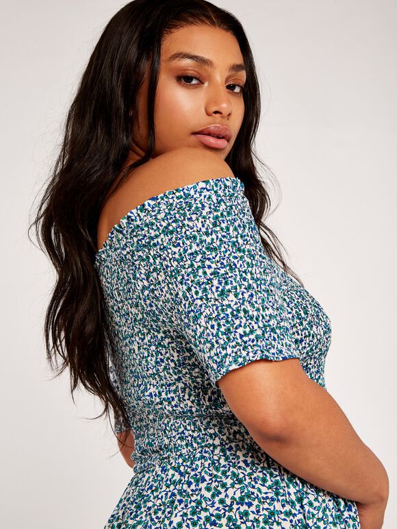 Curve Vintage Ditsy Smock Bardot Dress, Aqua - Turquoise, large