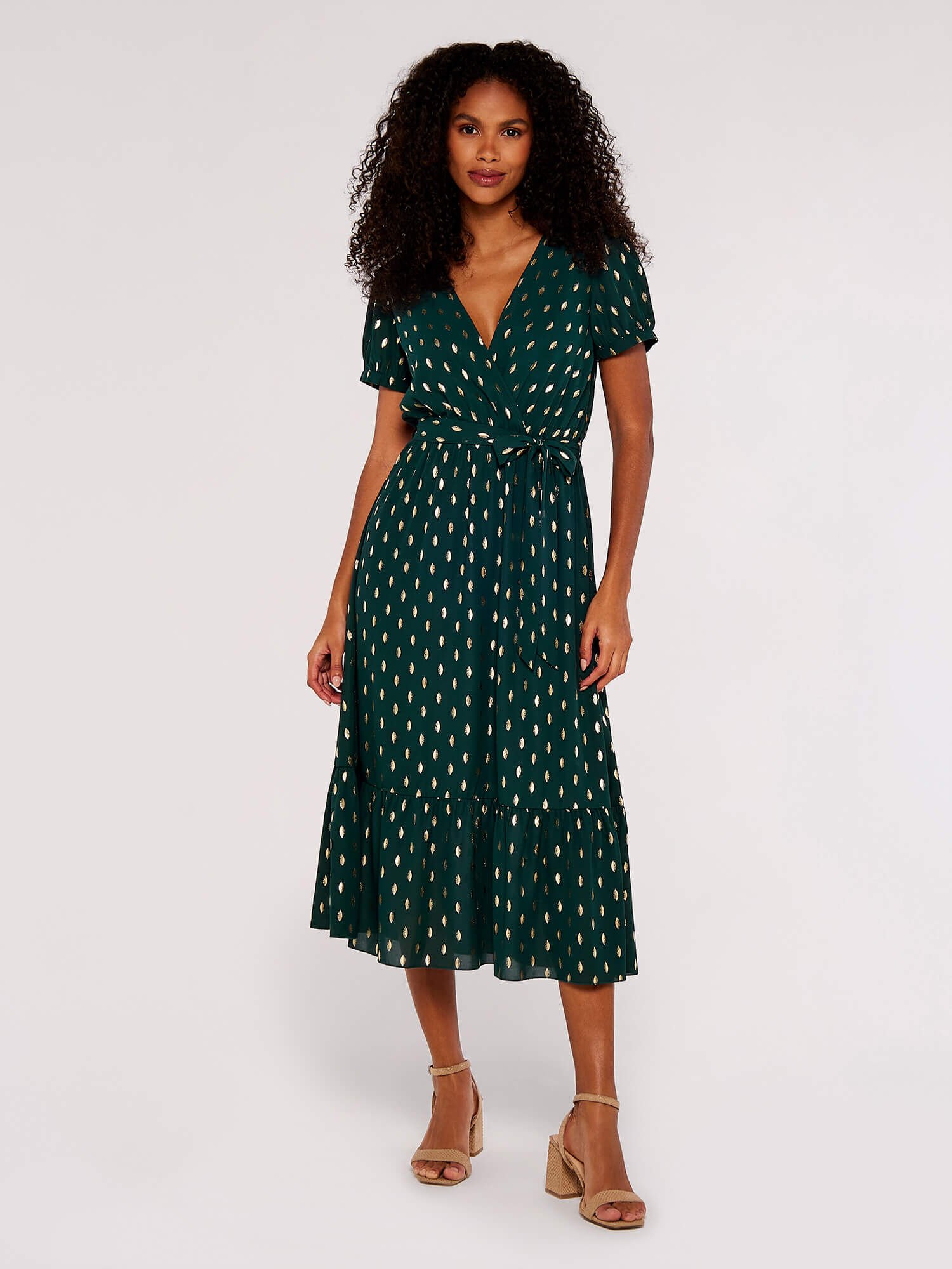 Apricot top green dress