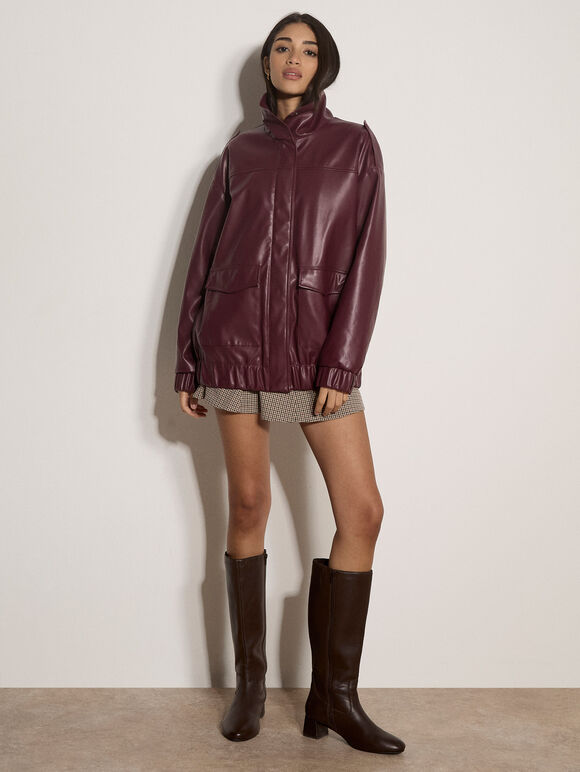 Oversized Faux Leather Jacket, Plum, large