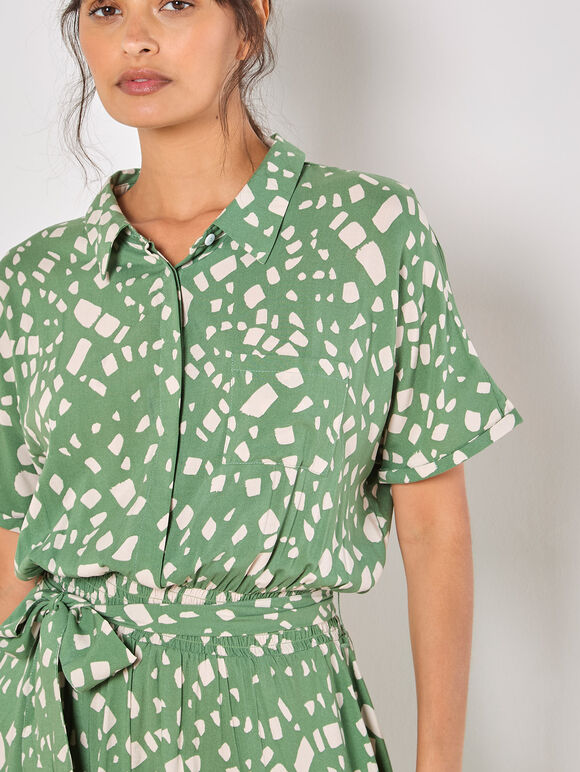 Scattered Squares Shirt Midi Dress, Green, large