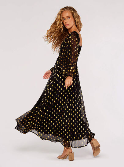 Gold Foil Chiffon Midi Dress