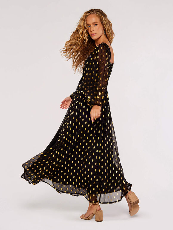 Gold Foil Chiffon Midi Dress, Black, large