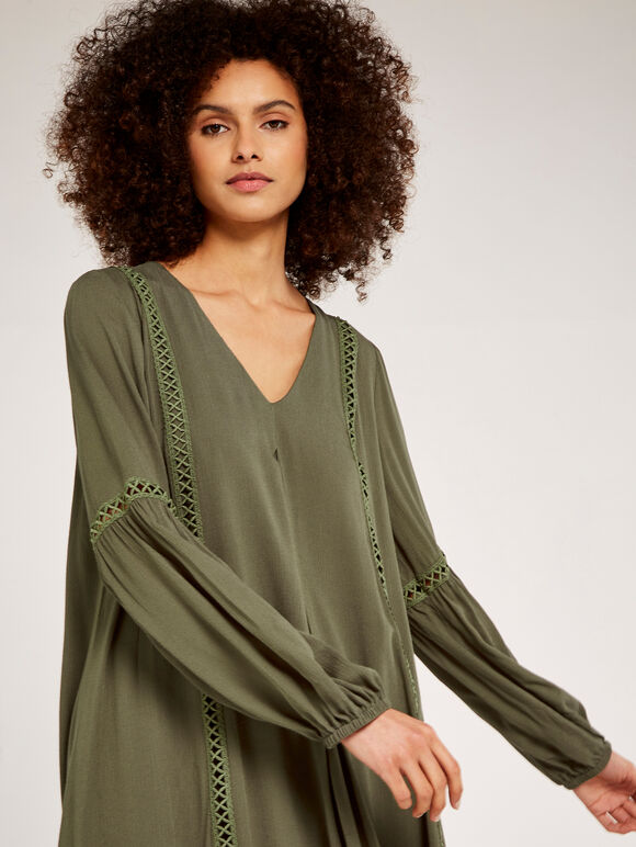 Lace Detail Smock Dress, Khaki, large