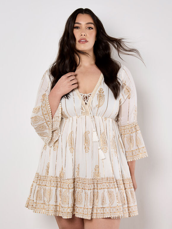 Paisley Shimmer Mini Dress, Cream, large