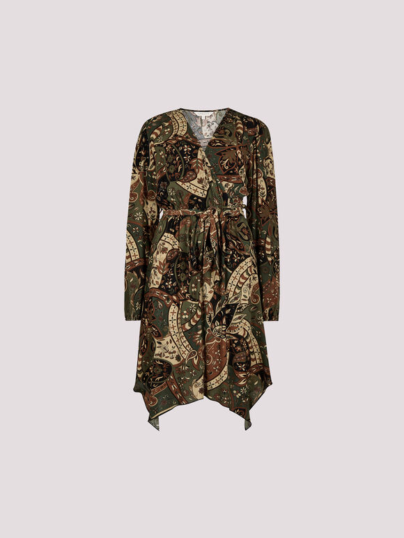 Paisley Wrap Mini Dress, Khaki, large