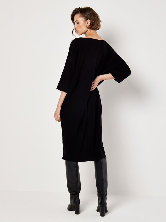 Ribbed Knit Cocoon Midi Dress, Black, large
