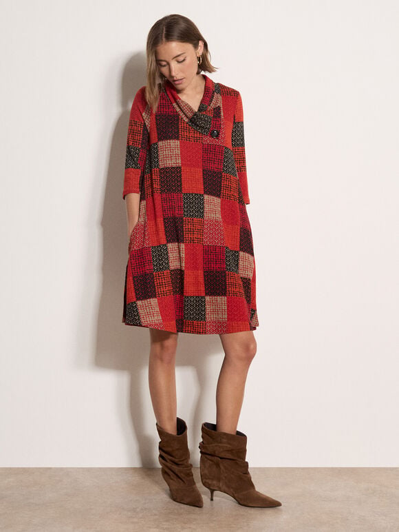 Textured Check Knit Midi Dress, Red, large