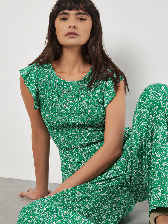 Mosaic Ruffle Sleeve Jumpsuit, Green, large