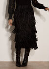Fringe Trim Tiered Midi Skirt, Black, large