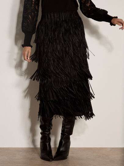 Fringe Trim Tiered Midi Skirt