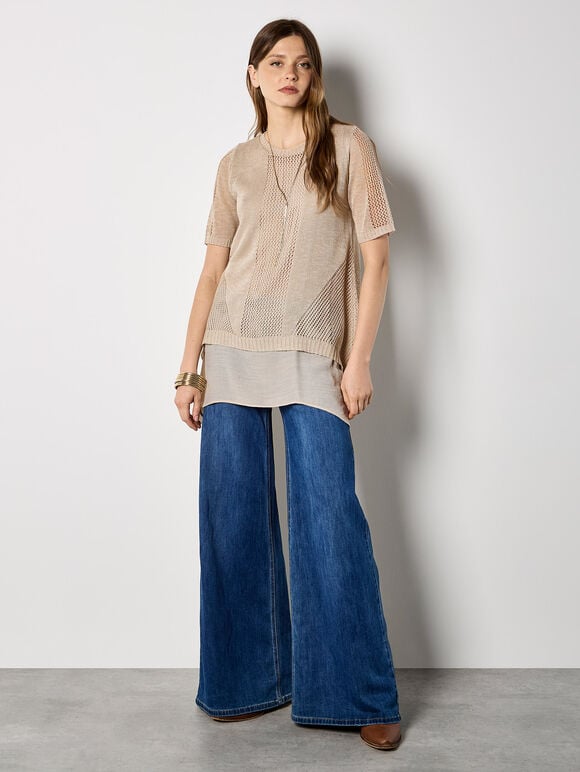 Pointelle Knit Layered Tunic Top, Stone, large