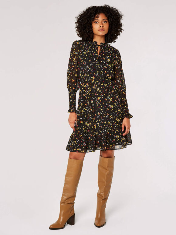 Ditsy Floral Ruffle Mini Dress, Black, large