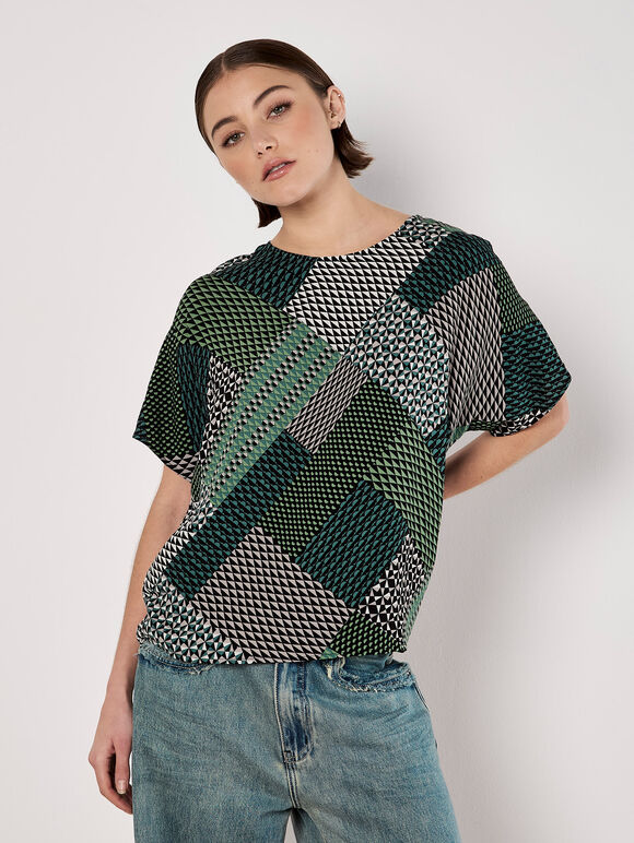 Geometric Patchwork Textured T-Shirt, Green, large