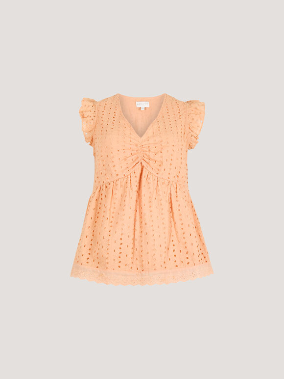 Cotton Broderie Ruffle Shoulder Top, Peach, large