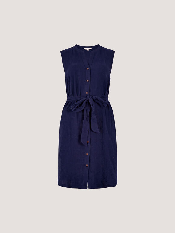 Textured Cotton Button Down Mini Dress, Navy, large