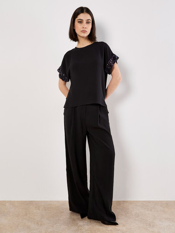 Sequin Trim Chiffon Layered T-Shirt, Assorted, large