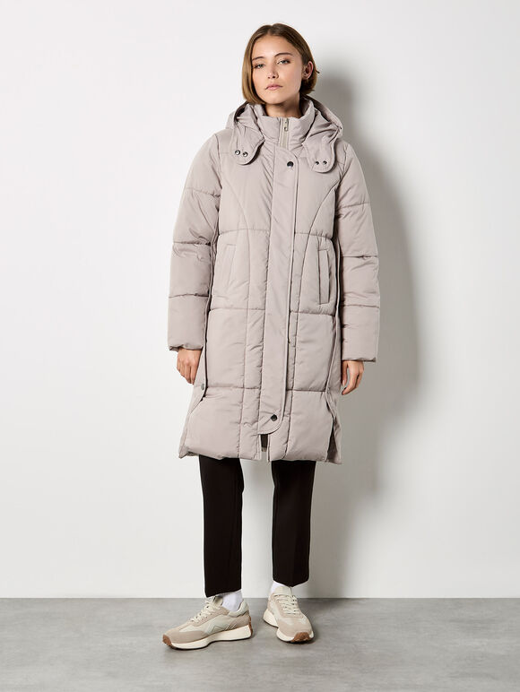 Longline Padded Puffer Coat, Stone, large