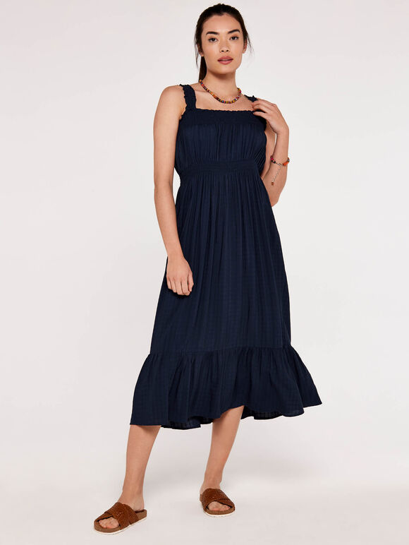 Check Smocked Midi Dress, Navy, large