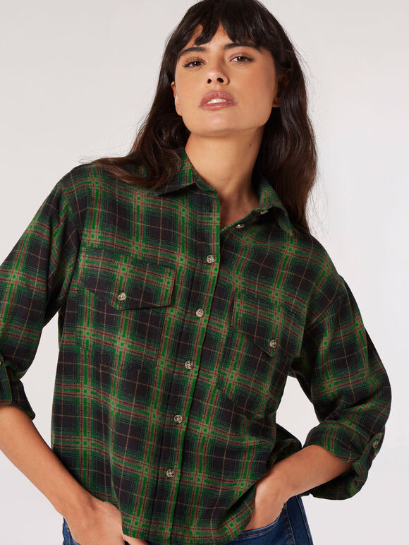 Check Print Cropped Shirt, Black, large