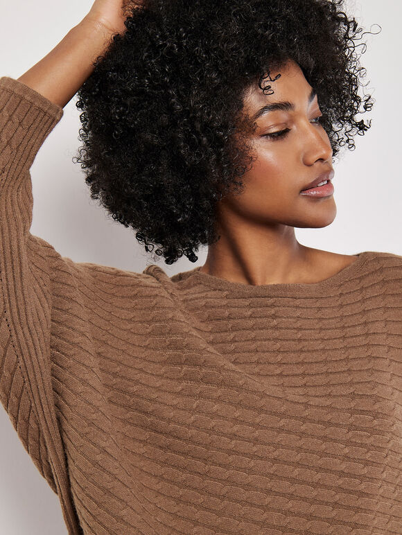 Cable Stripe Batwing Jumper, Brown, large