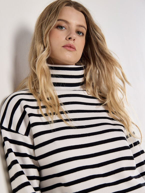 Roll Neck Stripe Cropped Jumper, Cream, large