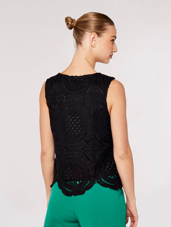 Lace Sleeveless Scallop Top, Black, large