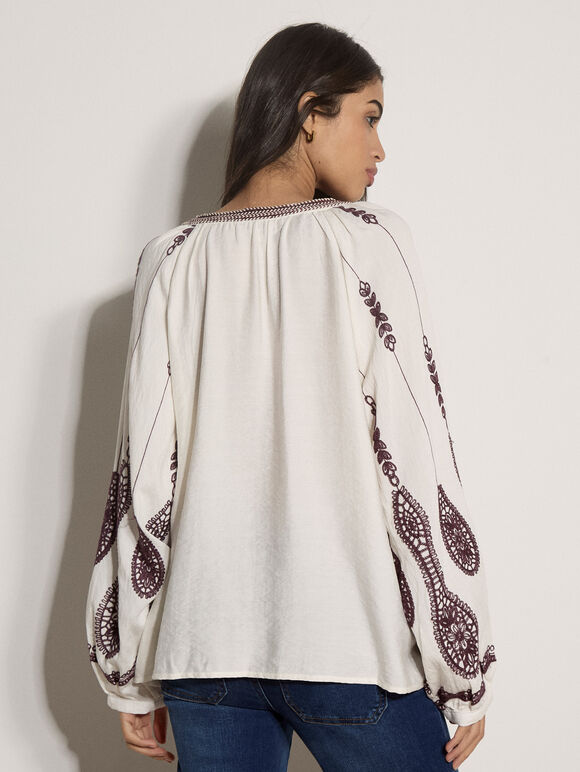 Floral Leaf Embroidered Blouse, Cream, large