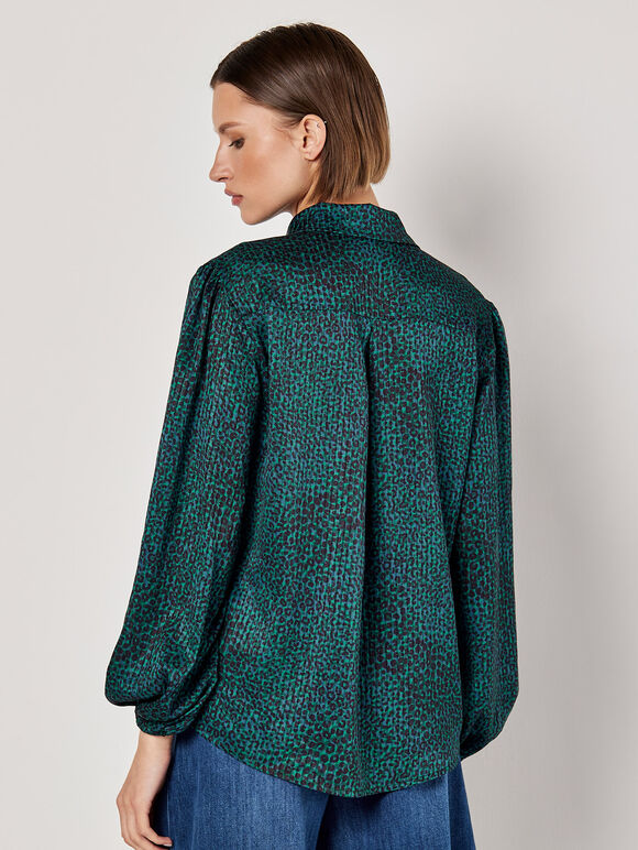 Animal Print Self Stripe Satin Shirt, Green, large