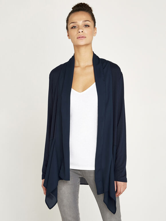 Chiffon Waterfall Hem Cardigan, Navy, large