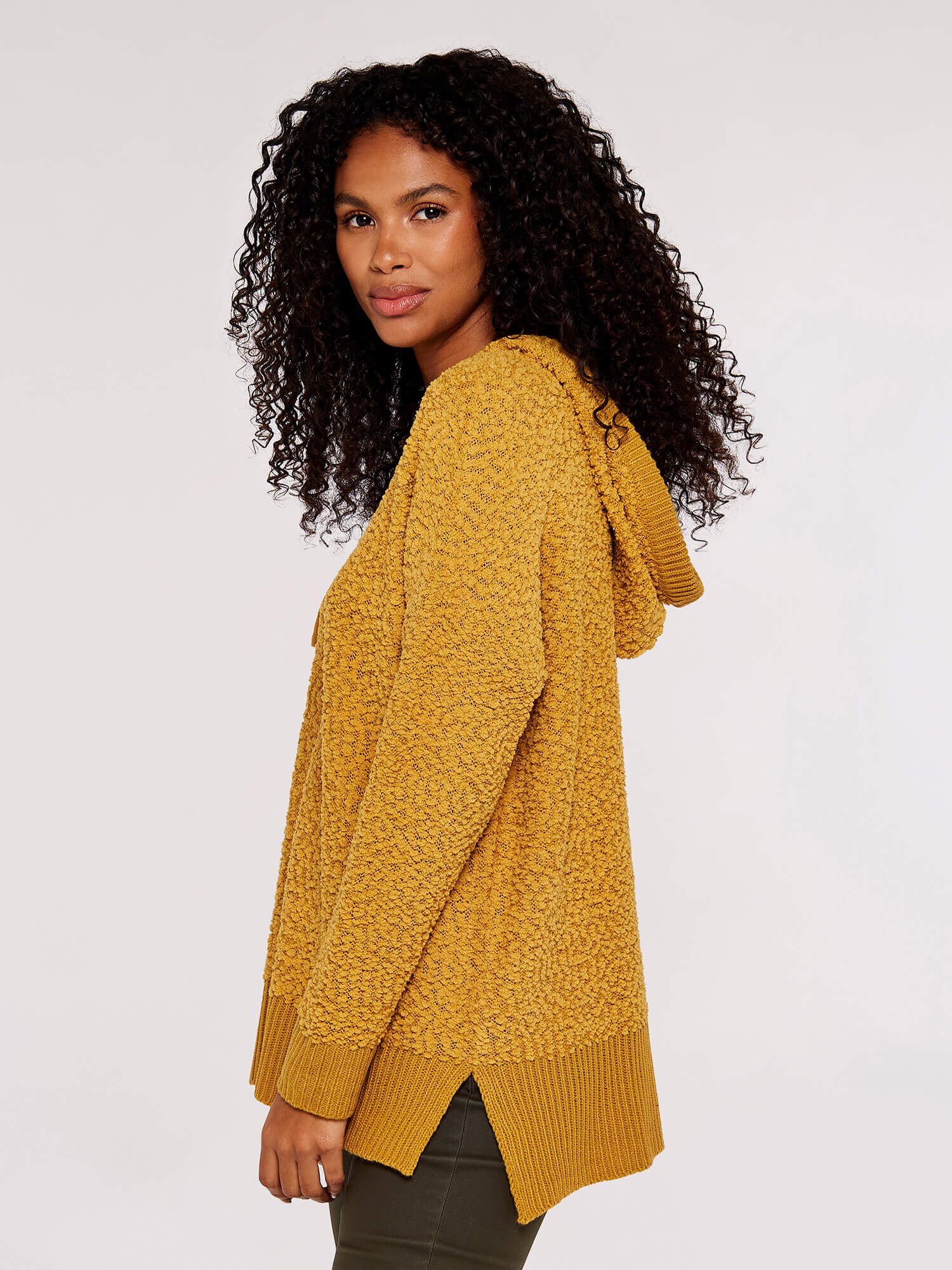 Popcorn Knit Hooded Jumper Apricot Clothing