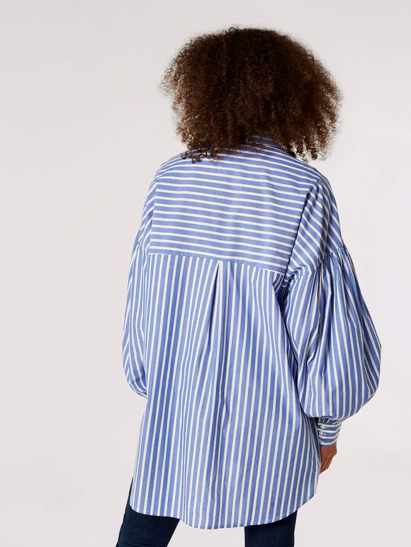 Oversized Stripe Cotton Shirt, Blue, large