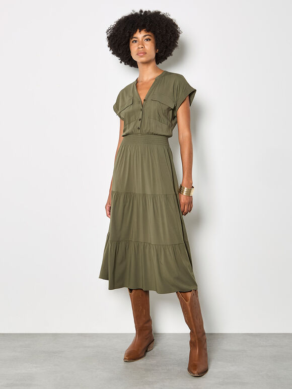 Tiered Utility Midaxi Dress, Khaki, large